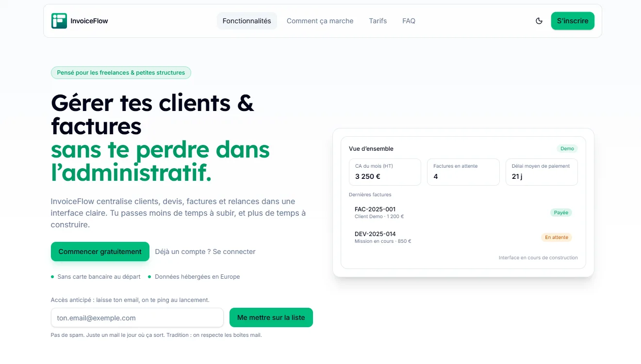 InvoiceFlow — Gestion de facturation moderne pour indépendants